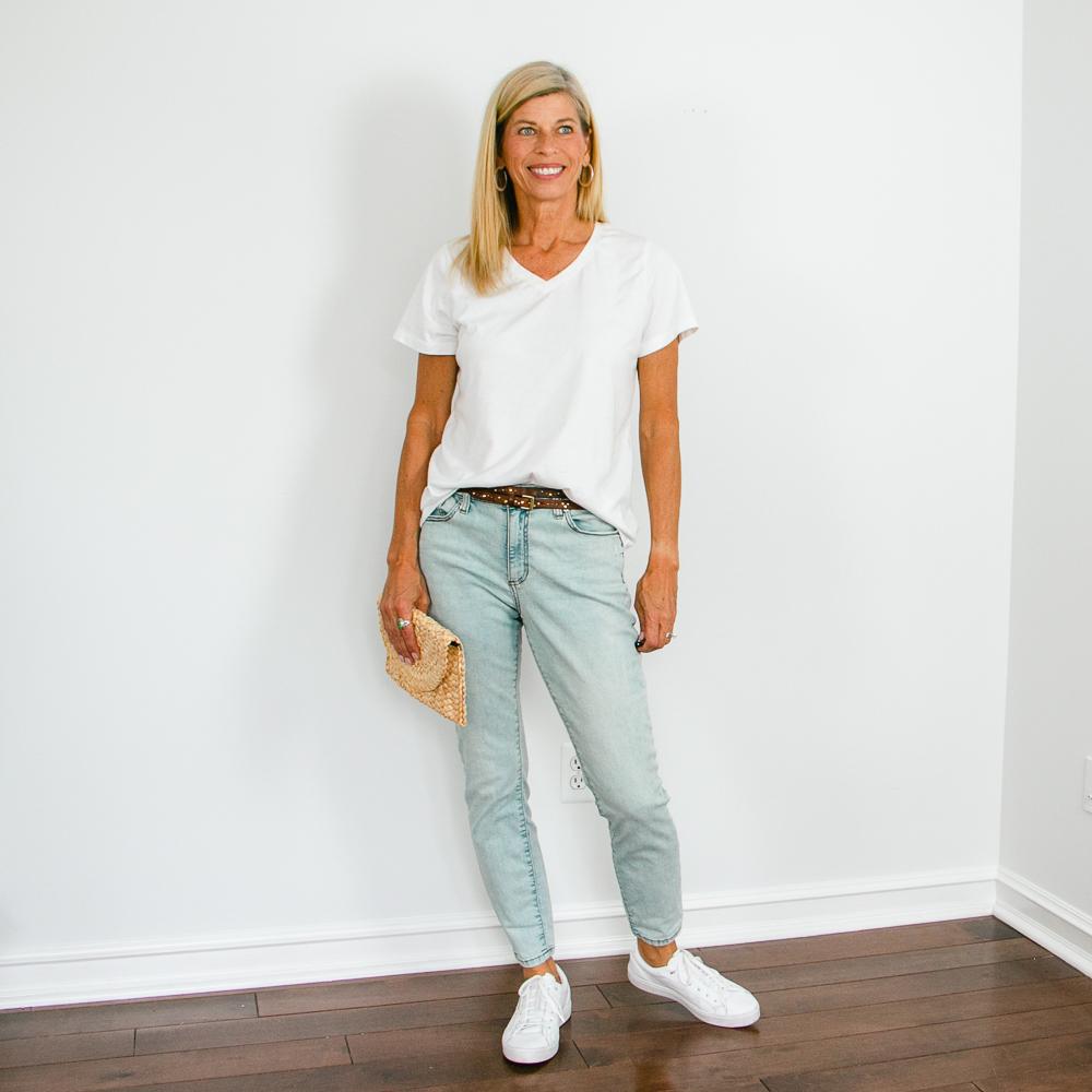 white v-neck tee outfit with adidas sneakers