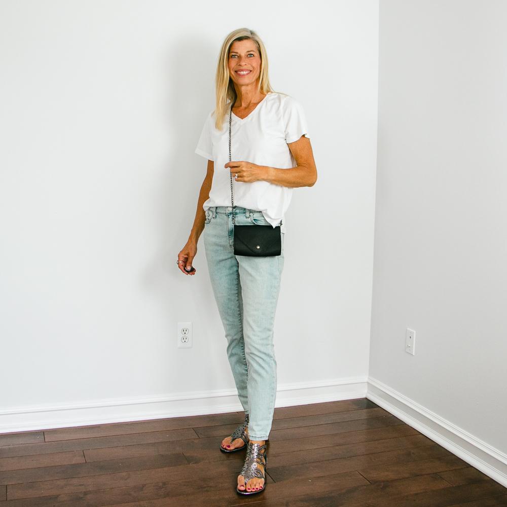 White T-Shirt & Light Wash Jeans with Boho Sandals Outfit