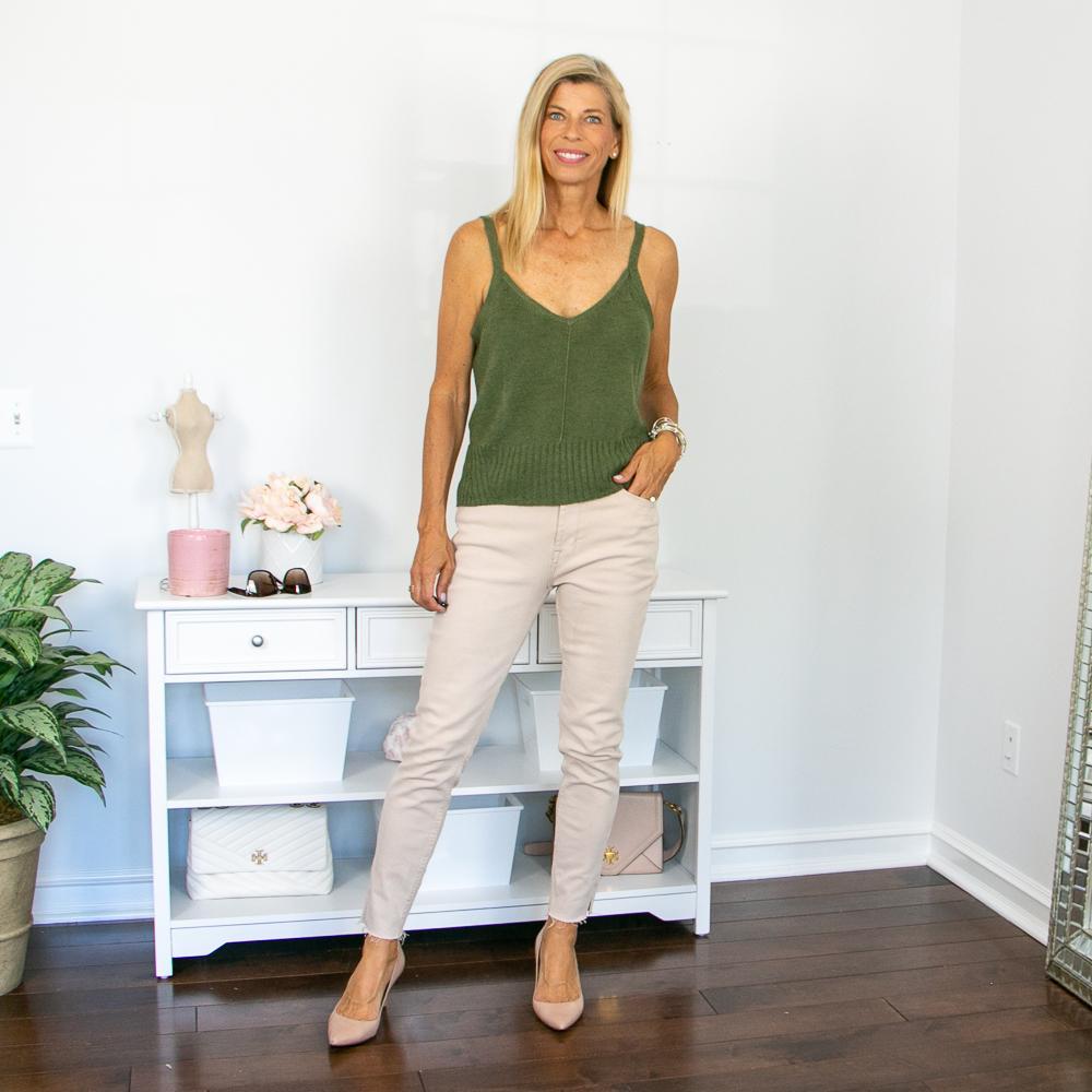 olive tank top & beige pant outfit