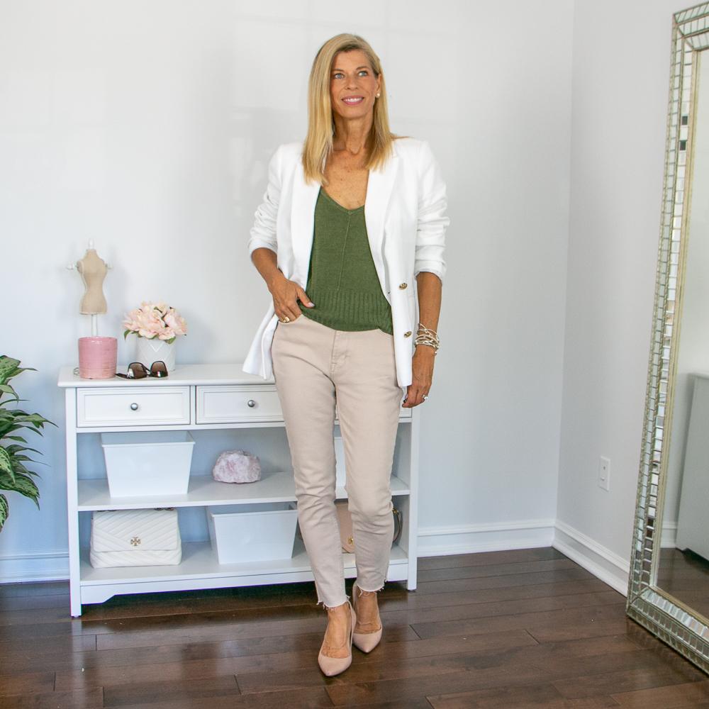 white linen jacket with beige pant outfit