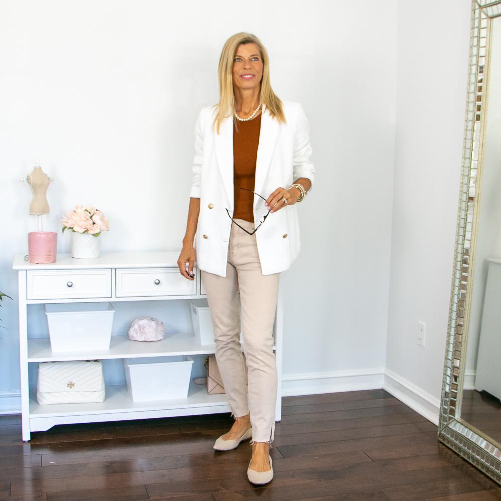 beige pant outfit with white blazer