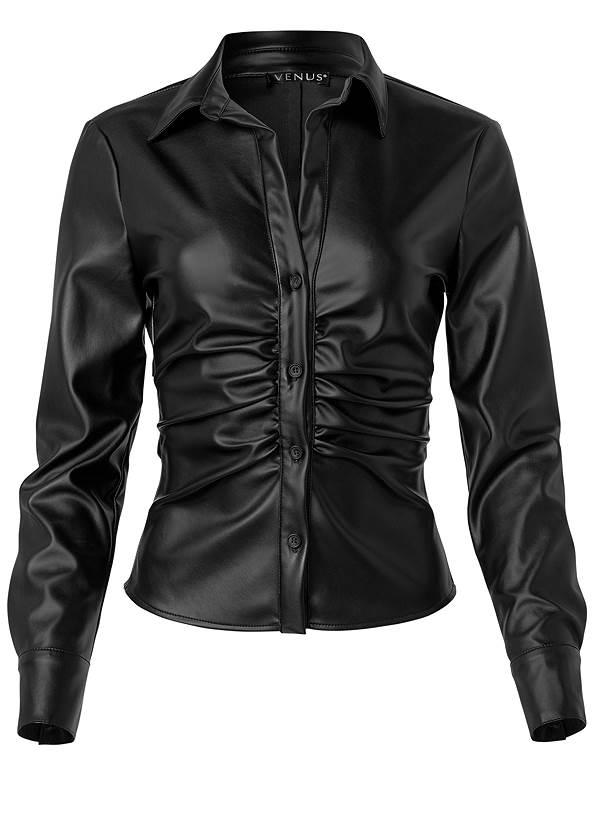 black faux leather ruched button-up shirt