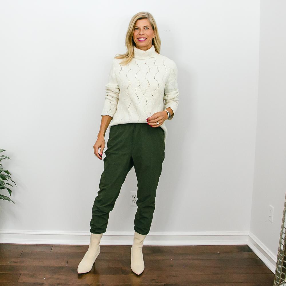 olive green joggers with ankle booties