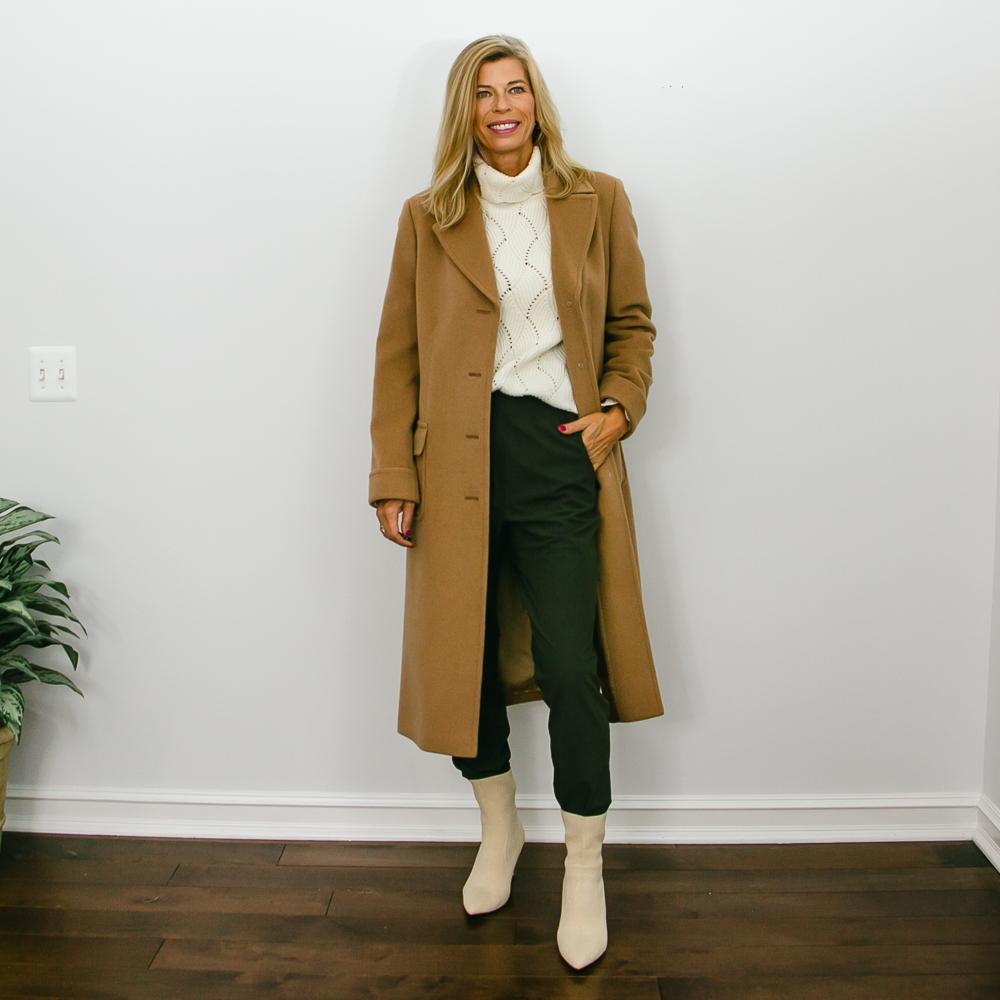jogger outfits with a camel overcoat
