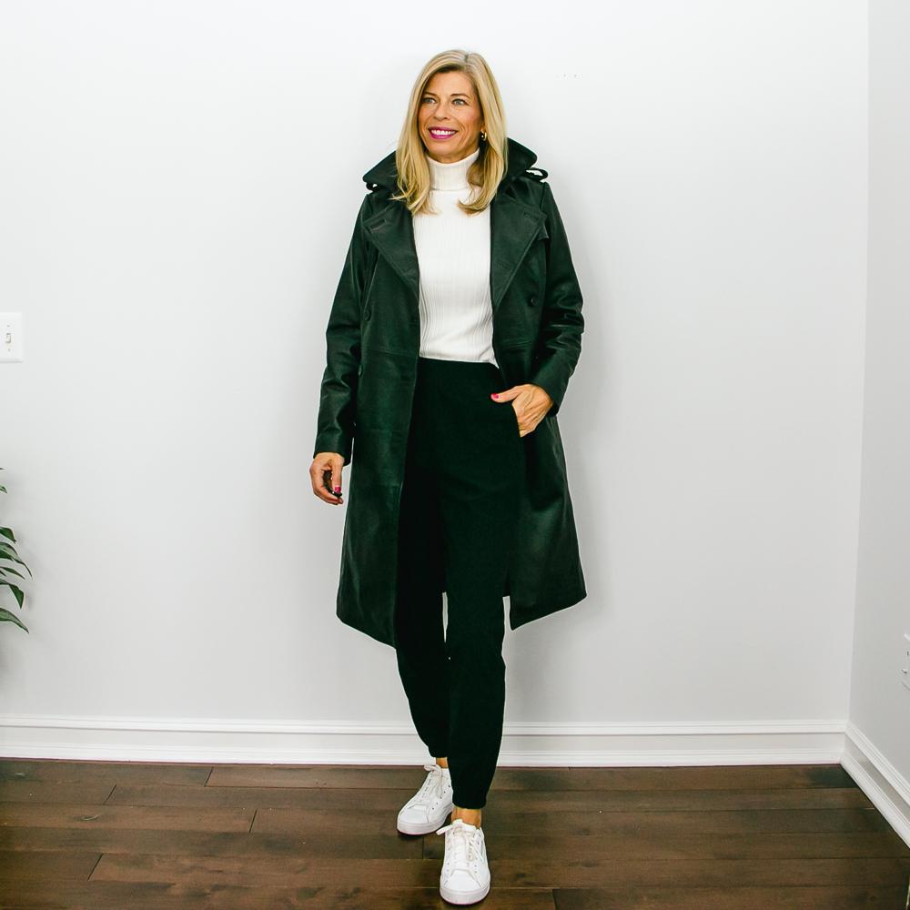 jogger outfits with a black leather trench coat